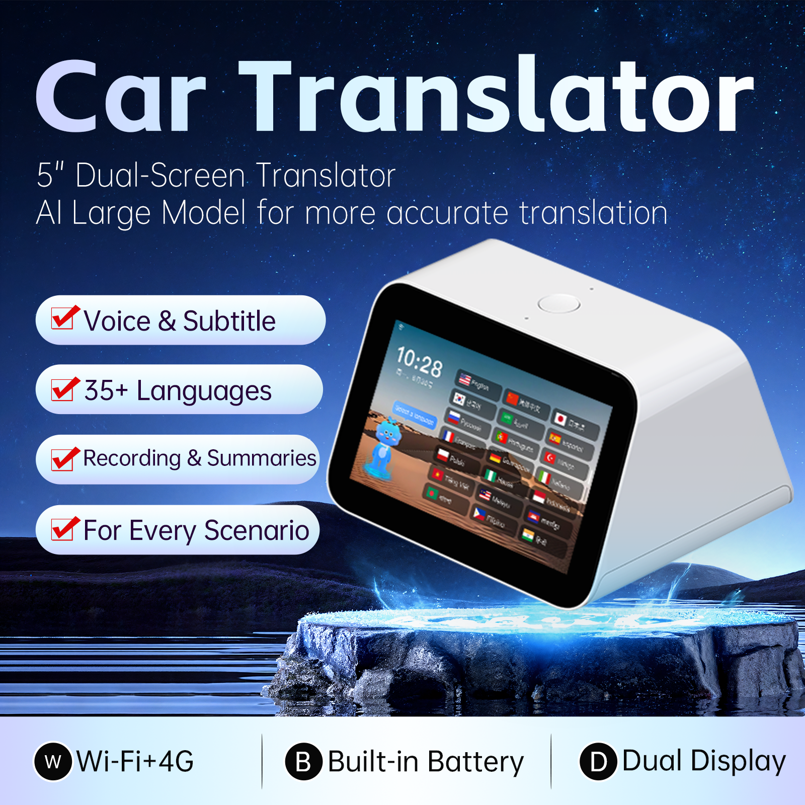 5-Inch Dual-Screen Smart translator 4G Portable & Battery-Free Vehicle Solution