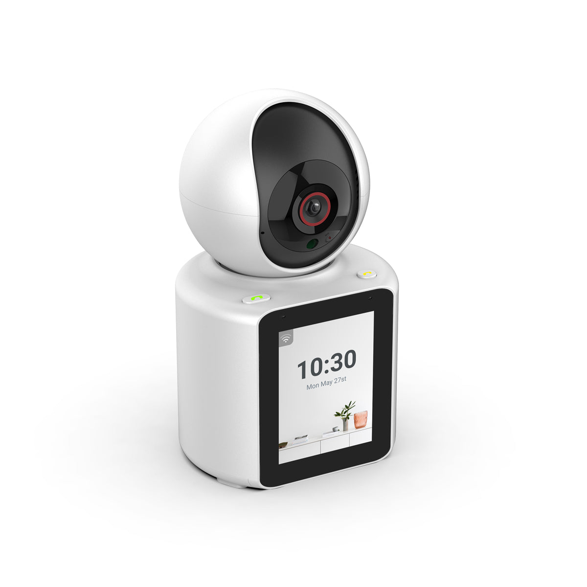 Smart video calling camera with 2.8 inch IPS screen and AI motion tracking for home security.