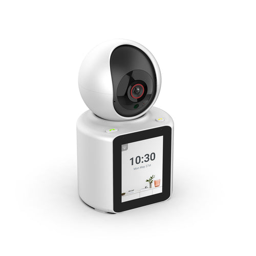 Smart video calling camera with 2.8 inch IPS screen and AI motion tracking for home security.
